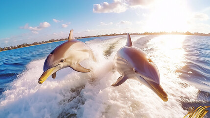Two dolphins leap joyfully from the water alongside a boat while the sun sets over the horizon creating a vibrant atmosphere. The scene captures the playful spirit of marine life