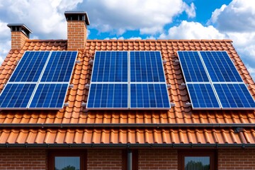 Fototapeta premium minimal photostock of a Close-up building with solar panels on the roof. Sustainable and clean energy at home , isolated on white background, , copy space, copy space for text,