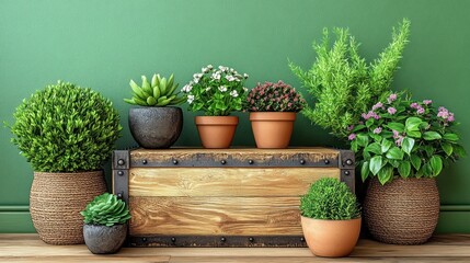 Assorted potted plants on wooden chest, green wall backdrop, home decor