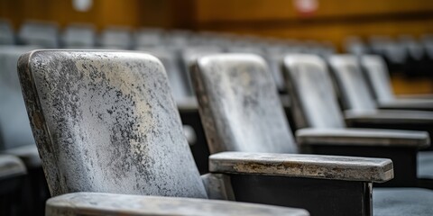 Close-Up Shot of Empty Seats in an Auditorium with Worn Fabric and Wooden Armrests Highlighting Abandonment and Neglect in a Public Space