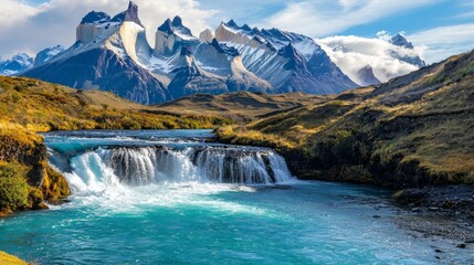 A peaceful waterfall cascading into a turquoise pool, with jagged mountain peaks standing tall in the background. --chaos 20 --ar 16:9 --quality 2 --v 6.1 Job ID: 5eb50603-f55e-4910-bc8f-b3a6afa471ec