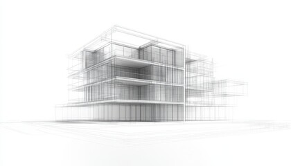 Modern Architectural Design Wireframe of Multi-Level Building