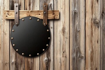 Fototapeta premium minimal photostock of a Blank round black signboard on the wall outdoor, mock up for logo design, brand presentation for companies, shops