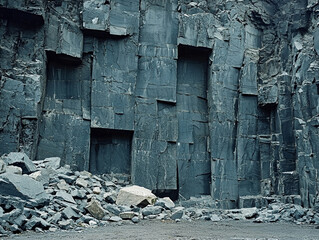 Ancient stone quarry with geometric carved wall pattern in dark granite rock formation