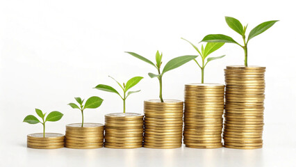 Financial Growth Concept Stacked Coins with Growing Plants, green plant growing from coins