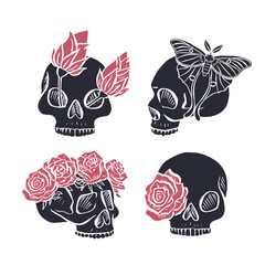 Hand drawn inky floral human skull with rose in the eye silhouettes set isolated on white background. Doodle skeleton head with flower and butterfly tattoo designs bundle