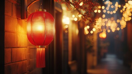 Illuminated red lantern on brick wall at night.