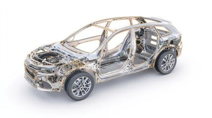 A detailed, metallic car frame showcasing its structure and design elements, highlighting the vehicle's engineering and build quality.