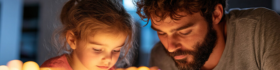 Fototapeta premium Girl and Bearded Man Looking at Illuminated Object