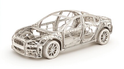 Fototapeta premium A detailed, metallic model of a car showcasing its intricate design and structure, highlighting craftsmanship and engineering.