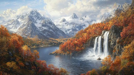 A vibrant autumn landscape with a cascading waterfall framed by colorful foliage and towering mountains. --chaos 20 --ar 16:9 --quality 2 --v 6.1 Job ID: 7033de51-4298-470d-9c6e-9e57ed17094a