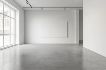 Minimalist gallery, blank canvas, city view, polished floor, art display