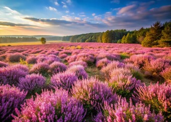 Obraz premium Blooming Heather Field, Westerheide Heathland, Netherlands - Purple Flowers, Nature Landscape