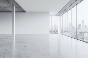 Fototapeta premium Modern empty office, city view, concrete floor, highrise