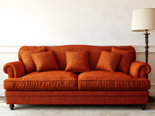 White wall, orange sofa, floor lamp, simple background, 