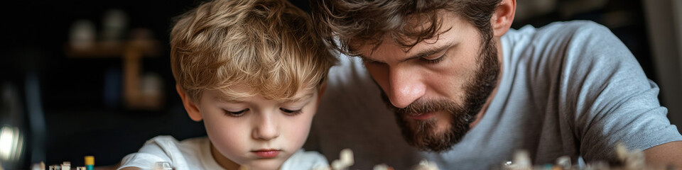 Obraz premium Father and Son Interacting with Small Objects