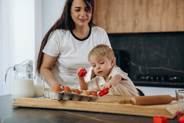 Fototapeta premium Teaching how to use bakeware. Mother and son are preparing bakery at home