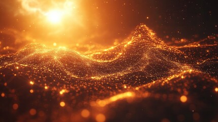 Naklejka premium Golden sunset over glowing particle landscape