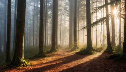 Obraz premium Misty Forest with Sun Rays Breaking Through Trees
