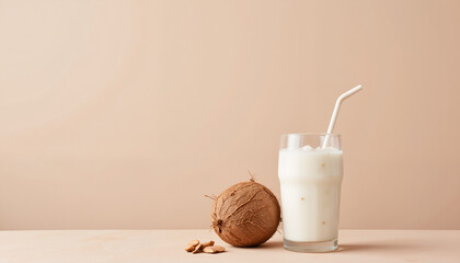 Chilled coconut water in glass next to coconut, refreshing minimalism