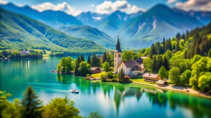 Fototapeta premium Bohinj Lake Slovenia Summer Idyllic Miniature Tilt-Shift Landscape Photography