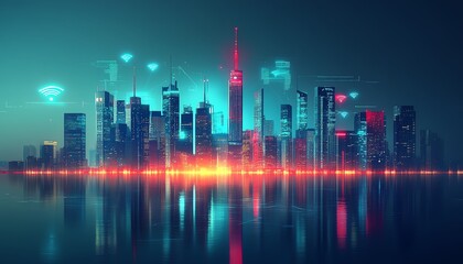 A futuristic city skyline with digital network connections and floating wifi symbols, illustrating smart city technology and connectivity, sleek design, glowing accents