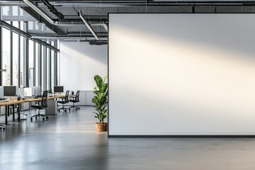 Modern office, large blank wall, sunlight, workstations, presentation