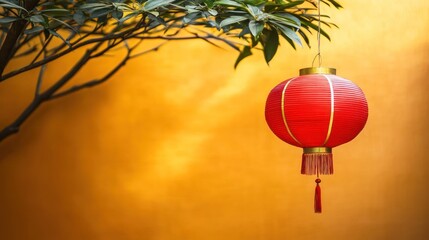 Obraz premium Red lantern hanging from tree branch against yellow wall.