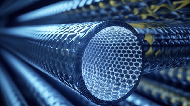 Close up of futuristic nanotube structures showcasing intricate hexagonal patterns, highlighting their potential applications in advanced technology and scientific research