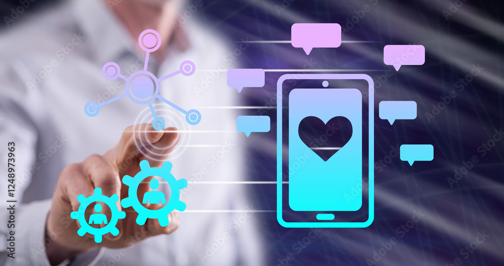 Wall mural man touching a social networking concept