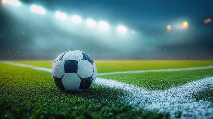Soccer Ball on Green Field Under Stadium Lights