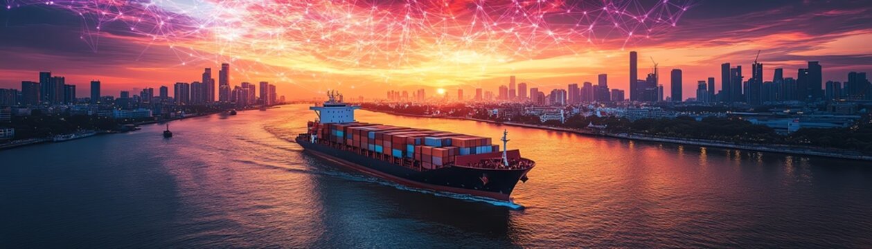Cargo ship on a tranquil sea at sunset, symbolizing cybersecurity protecting maritime operations, vibrant orange and purple sky, futuristic security technology