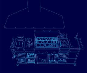 A blue drawing of a kitchen with a stove and oven. The stove has a blue design