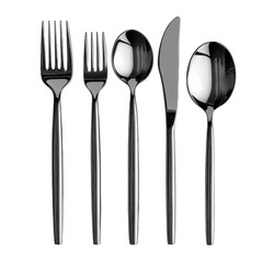 A sleek set of black cutlery including forks, spoons, and a knife, showcasing modern design and polished finish.