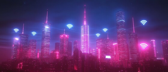 Obraz premium City skyline with glowing network lines and wifi symbols, symbolizing digital infrastructure, vibrant neon lights, futuristic buildings, hightech connectivity