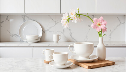 Obraz premium Elegant porcelain dinnerware with flowers on a minimalist counter, luxury
