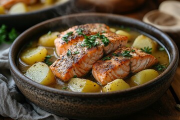 Deliciously cooked salmon fillets served with tender potatoes in a savory broth garnished with fresh herbs