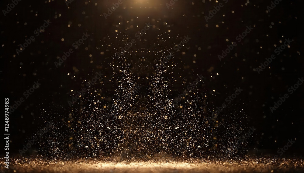 Poster gold dust particles floating in dark background for luxury, festive, and abstract design elements or