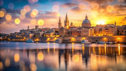 Fototapeta premium Breathtaking Valletta Bay Panorama with Bokeh Lights at Dusk