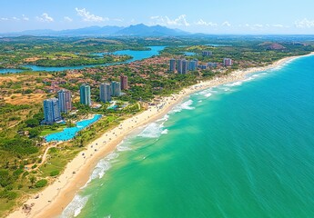 Obraz premium Aerial view of a tropical beach resort town, featuring a sandy beach, turquoise water, and modern buildings lining the coastline. Lush greenery, and