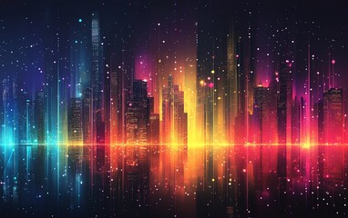 Obraz premium Futuristic city skyline with glowing buildings and digital network connections, symbolizing smart city connectivity, vibrant colors, sleek and modern design