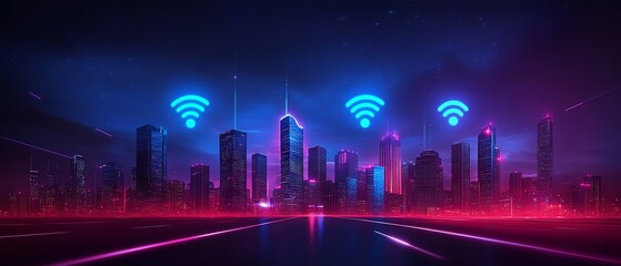 Futuristic city with a vast digital network and prominent wifi signals, representing seamless smart city connectivity, ultramodern buildings, vibrant neon glow