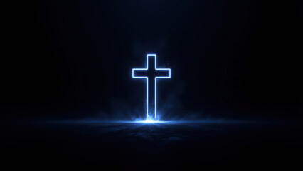 Fototapeta premium Illustration of a lit-up cross against a dark background with a subtle light effect.