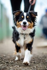 Happy dog walking with a volunteer holding a leash in the rescue yard