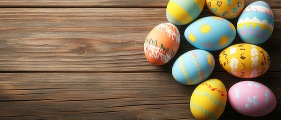 A collection of vibrant, painted eggs arranged on a rustic wooden surface against a textured wooden backdrop, showcasing artistic designs and colors.