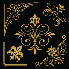 Golden floral luxury pattern and ornamental elements set