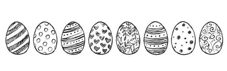 Decorated Easter eggs drawing in black brush stroke texture isolated on white background. Hand drawn vector sketch illustration in vintage charcoal ink. Easter decoration, holiday symbol