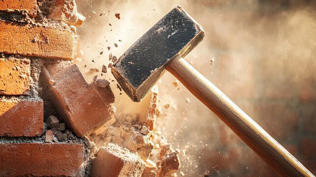 Powerful Demolition of Brick Wall with Hammer