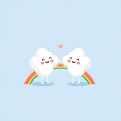 Obraz premium Cute Clouds Holding Hands Over Rainbow Cartoon Illustration for Children