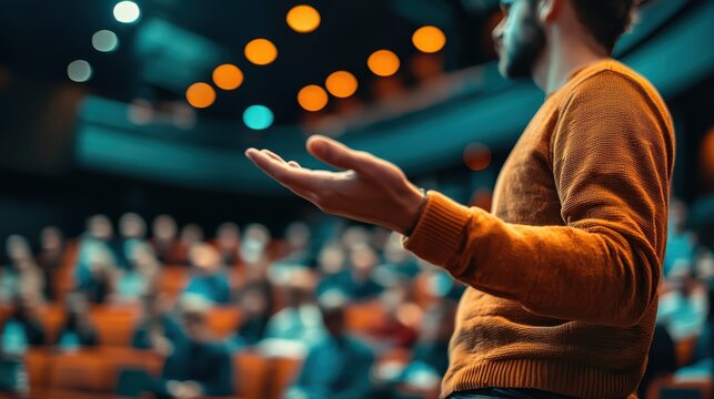 Engaging presenter using storytelling techniques to captivate audience in theater setting. atmosphere is vibrant with warm lighting and attentive listeners